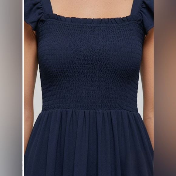 Shirred Guipure Lace Insert Ruffle Hem Dress Blue - Picture 2 of 10